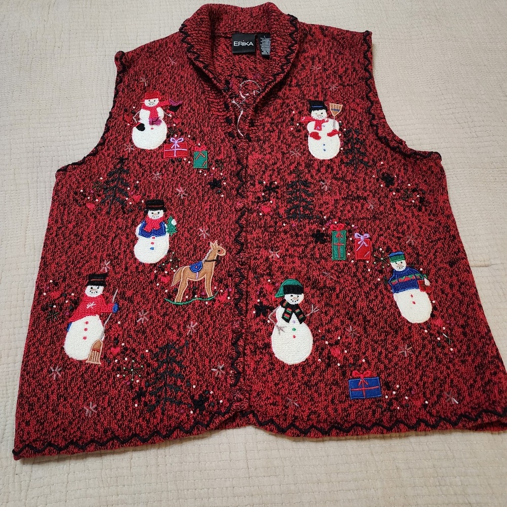 Vintage Erika Snowman Christmas Holiday‎ Sweater Vest Women's Large